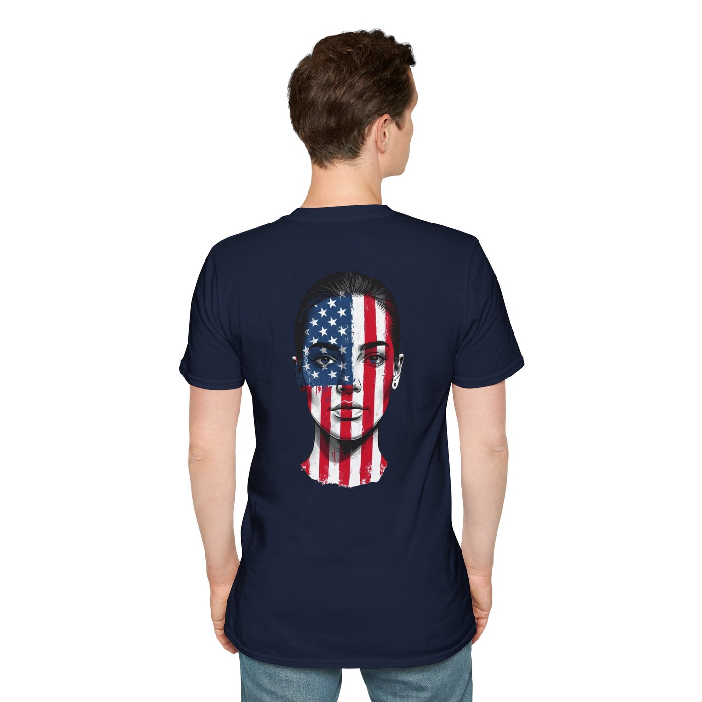 USA Face Paint T-Shirt – Female Flag Design Softstyle Unisex Tee