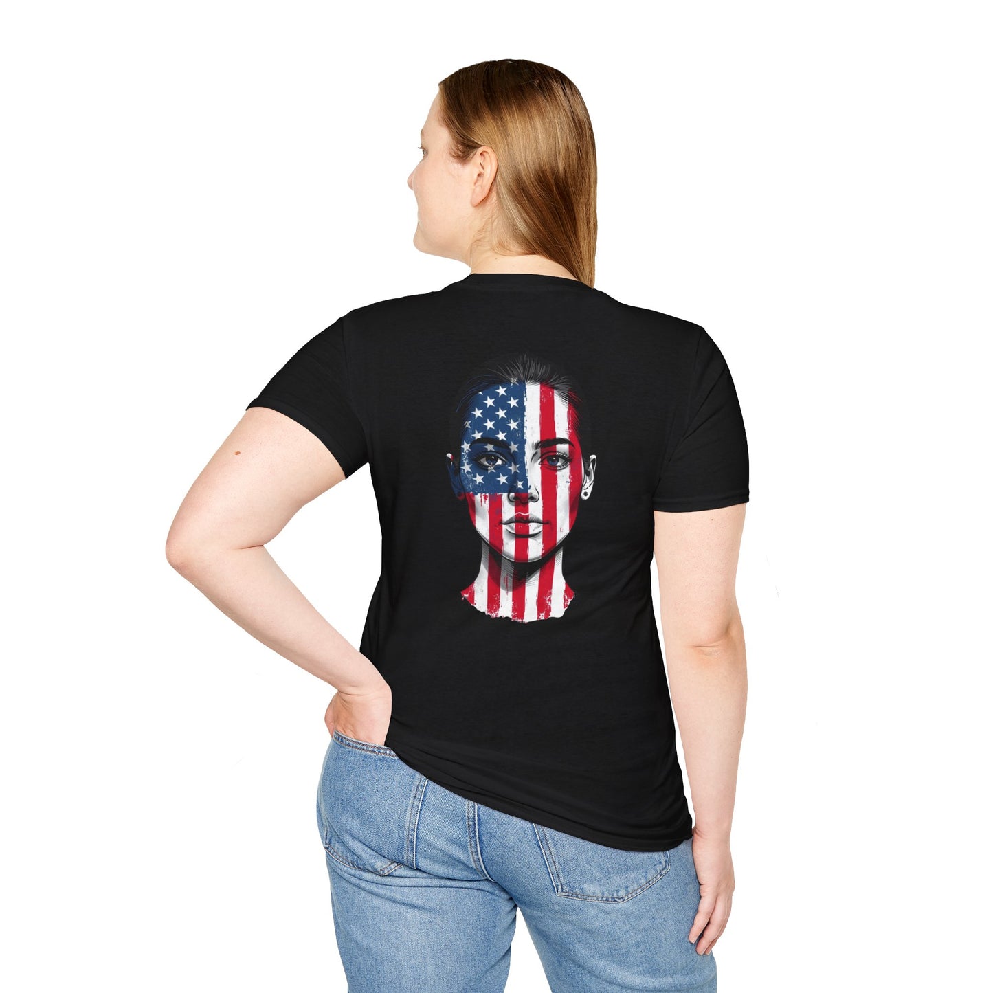 USA Face Paint T-Shirt – Female Flag Design Softstyle Unisex Tee
