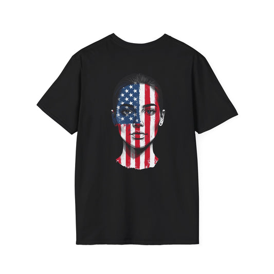 USA Face Paint T-Shirt – Female Flag Design Softstyle Unisex Tee