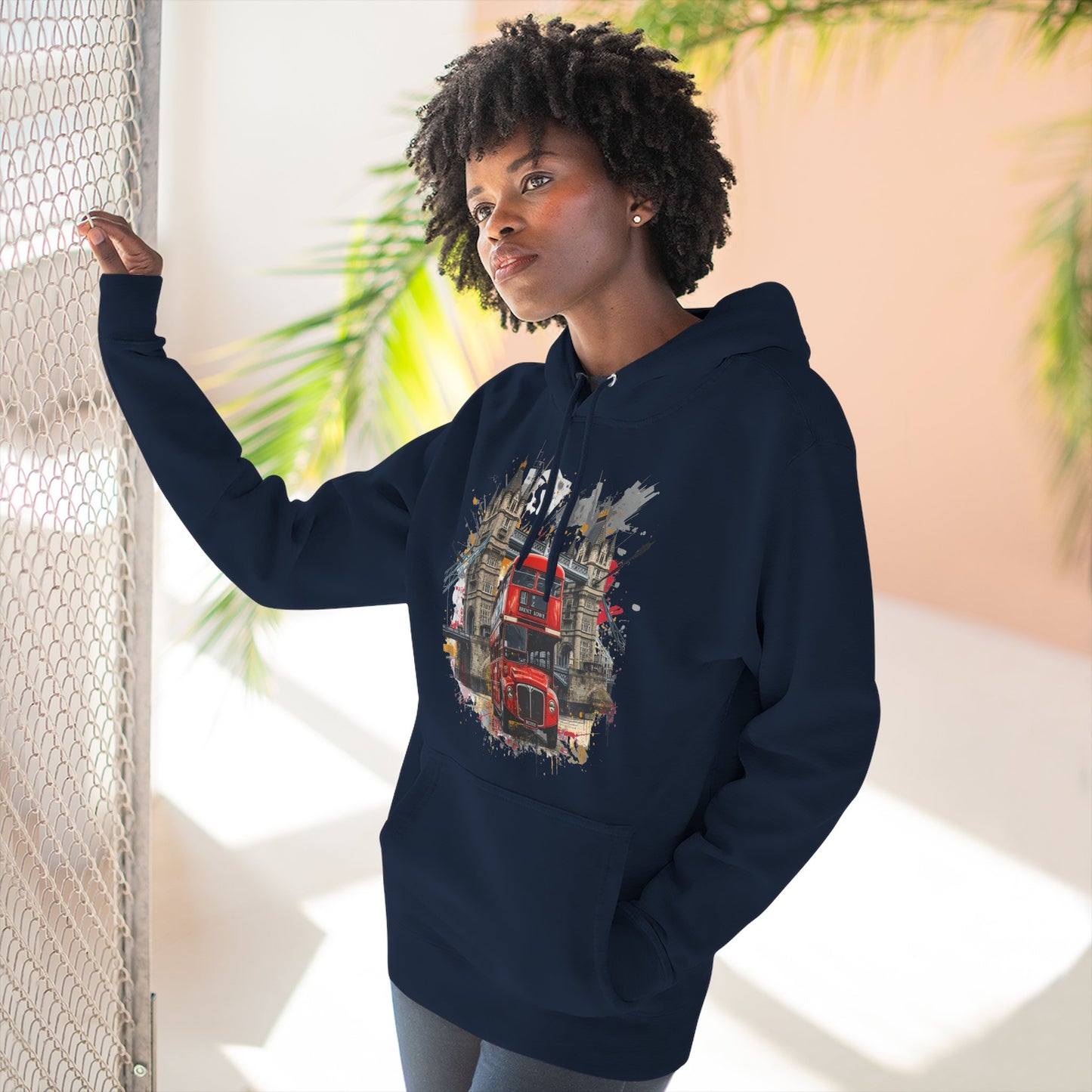 London Bus 3-Panel Fleece Hoodie – Iconic Double-Decker & Tower Bridge Unisex Pullover