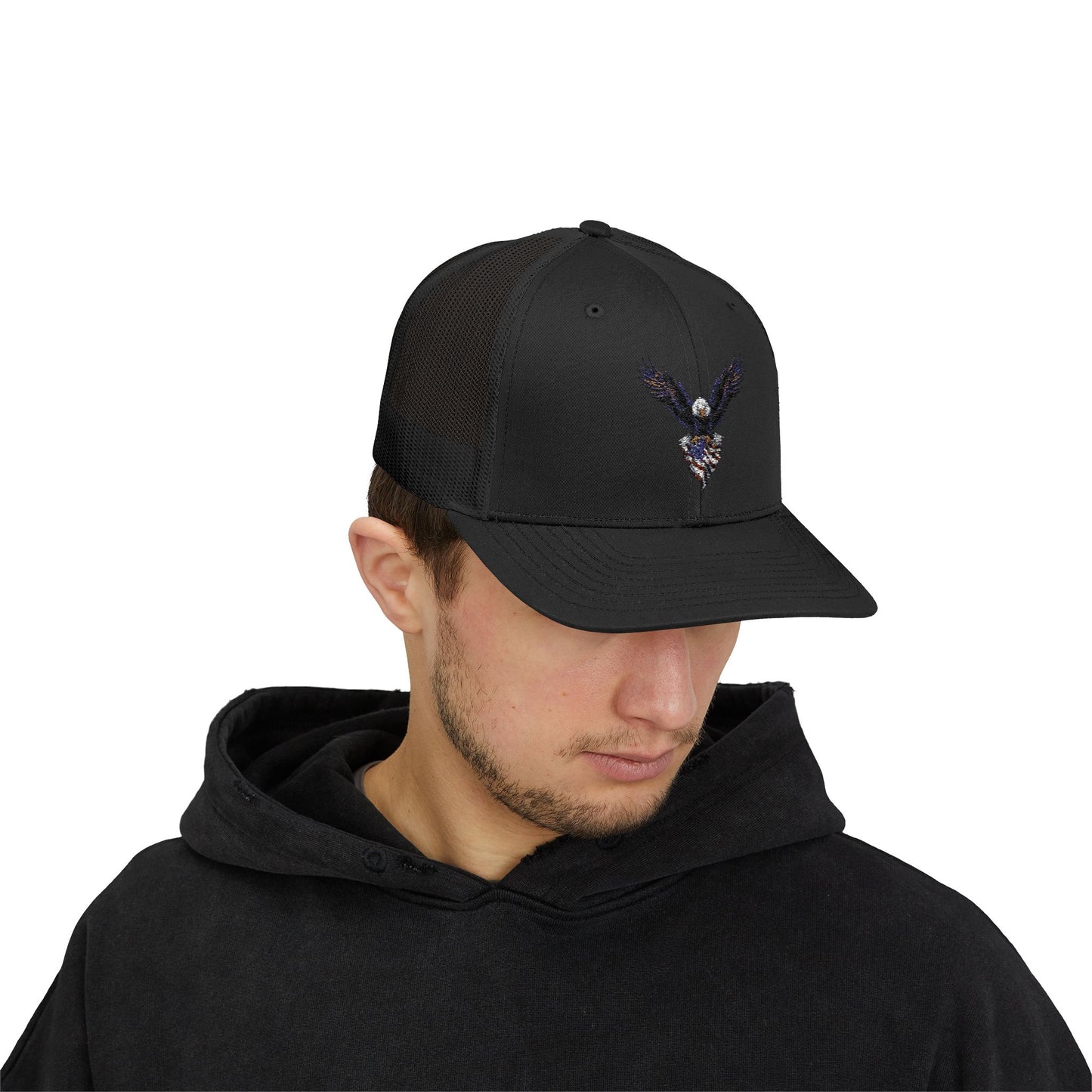 American Eagle Trucker Cap – Patriotic USA Flag Snapback Hat (Black/Navy)