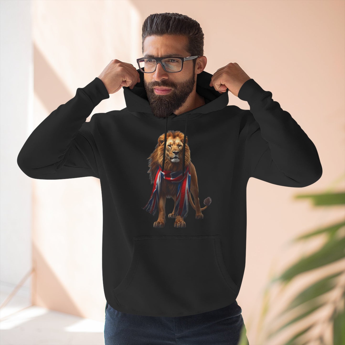 England Lion 3-Panel Fleece Hoodie – Union Jack Lion Design Unisex Pullover