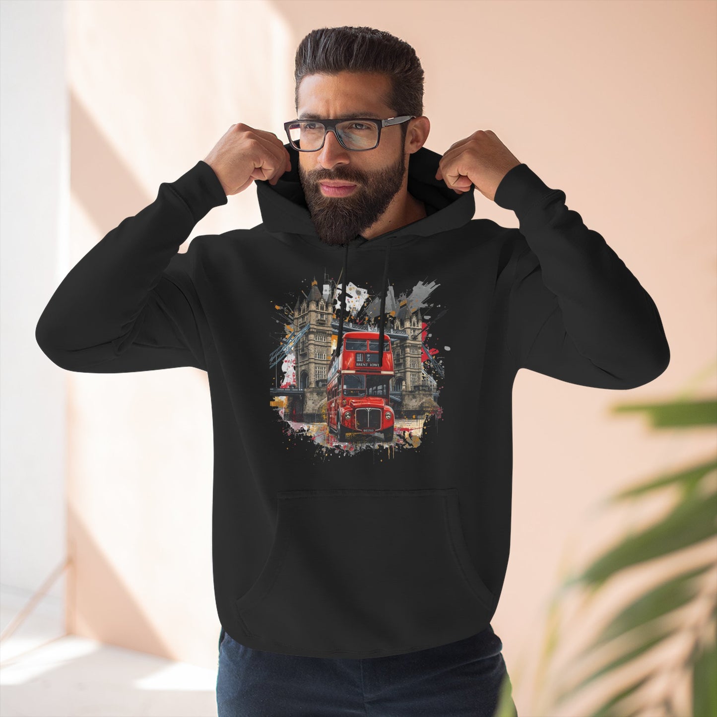 London Bus 3-Panel Fleece Hoodie – Iconic Double-Decker & Tower Bridge Unisex Pullover