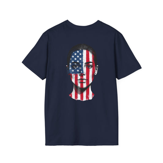 USA Face Paint T-Shirt – Female Flag Design Softstyle Unisex Tee