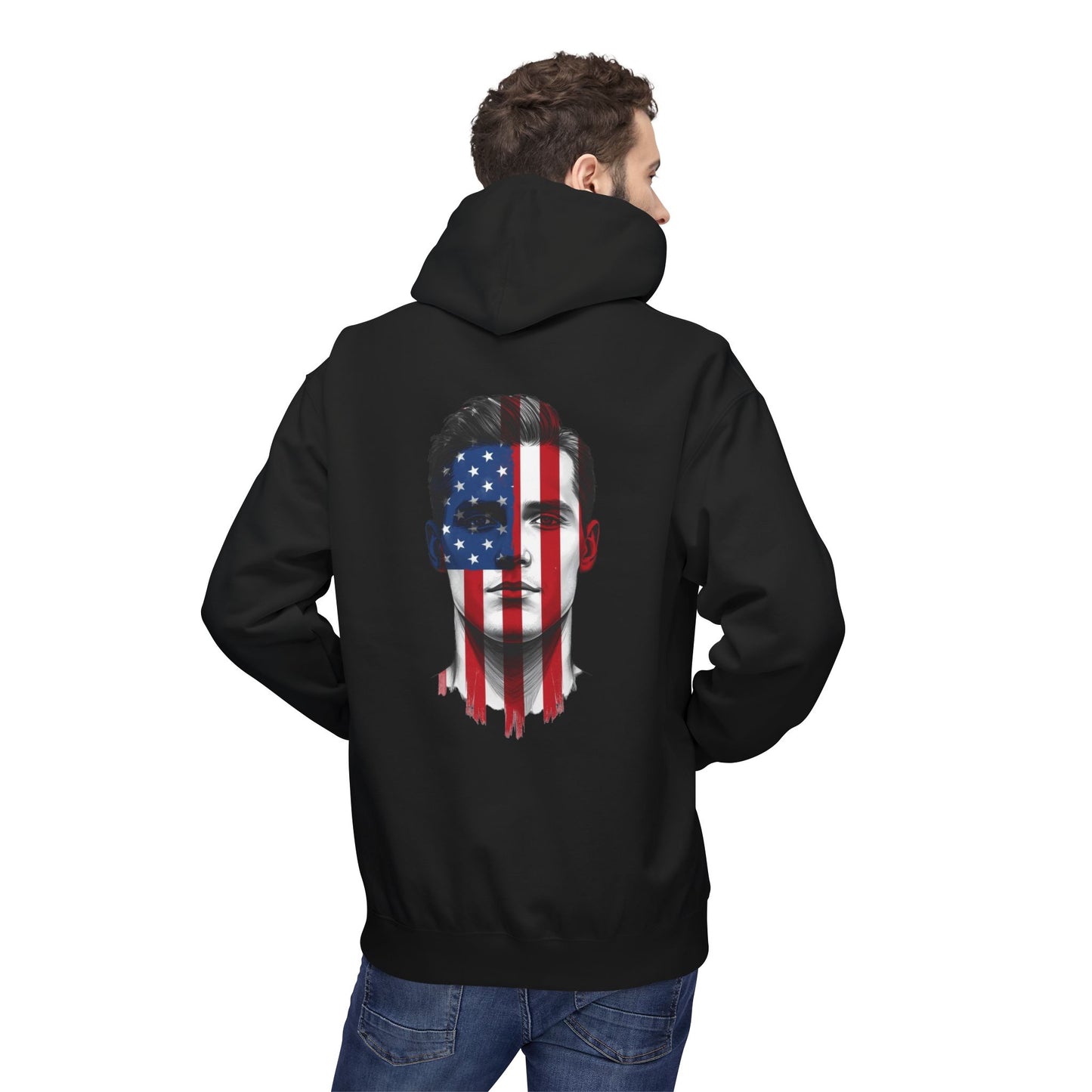 USA Face Paint Hoodie – Male Flag Design Midweight Fleece Pullover